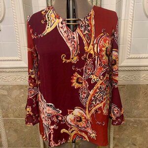 Cato Est. 1946. Size Large. Paisley Double Ruffled Sleeve. Semi Sheer Top. B54
